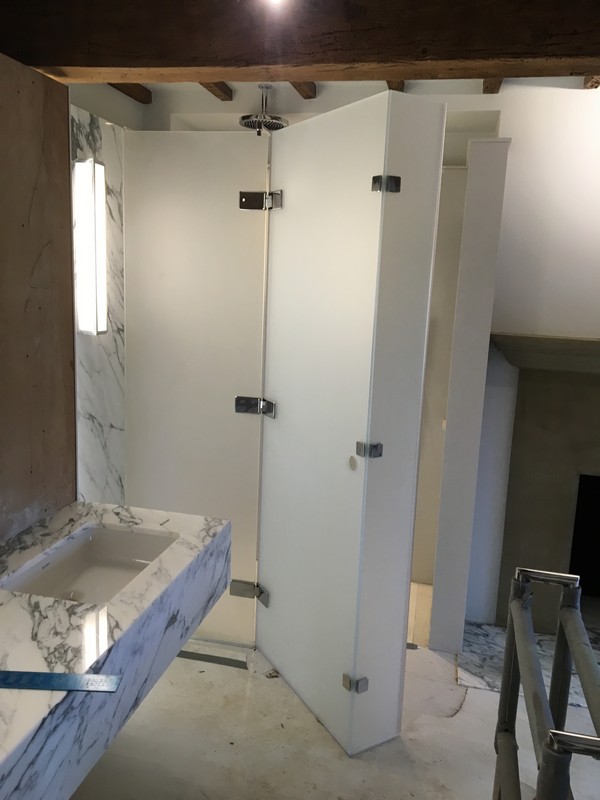 Bespoke frosted glass shower enclosure in Herne Hill luxury bathroom